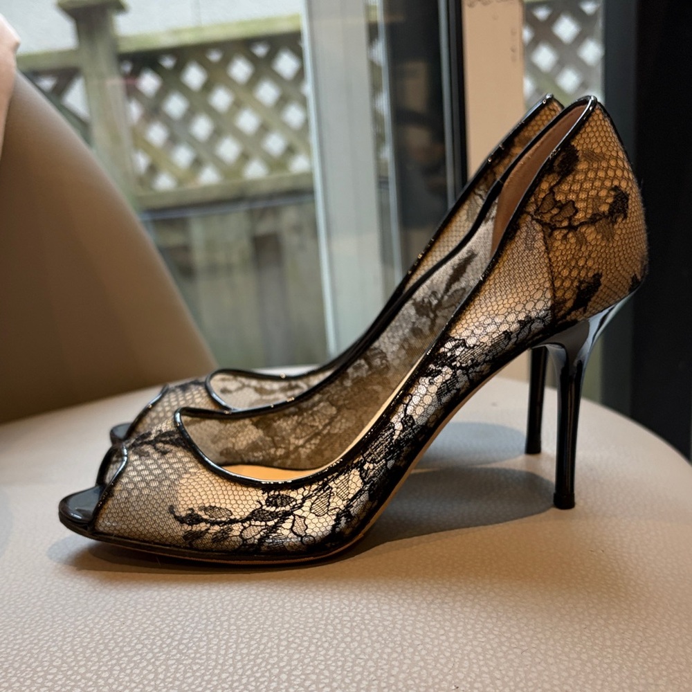 Jimmy Choo Luna Black Lace Peep-Toe Pumps with Patent Trim - Picture 2 of 5